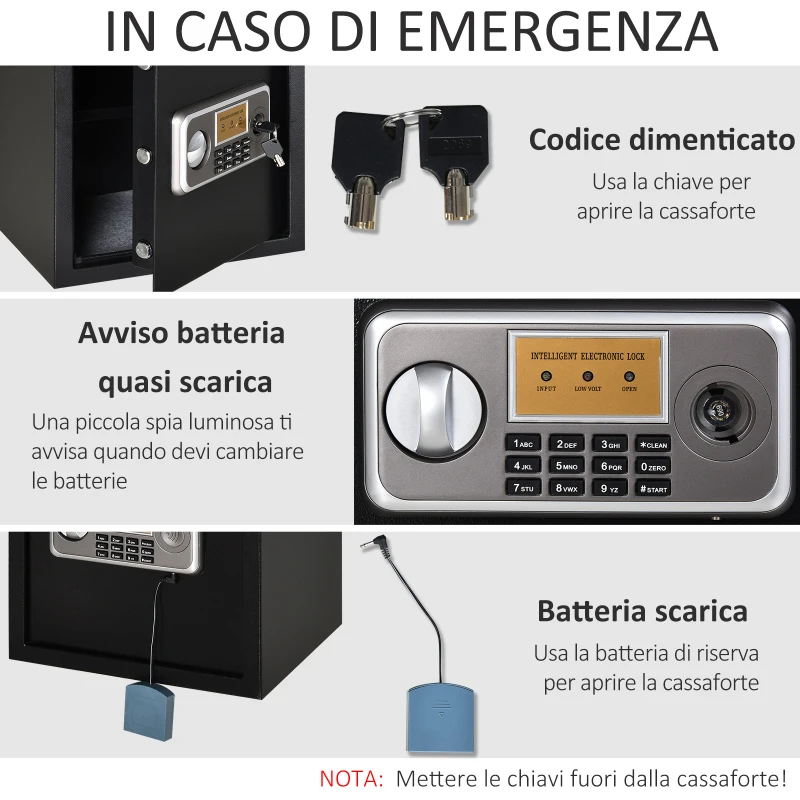 HOMCOM Cassaforte Elettronica con Doppio Codice, Chiave di Sicurezza e Allarme, in Acciaio, Nero, 35x30x39.3cm