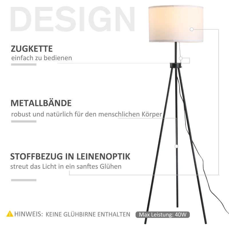 HOMCOM Stehlampe Stehleuchte Standleuchte E27, Stahl+Polyester, 37x37x152cm (Schwarz+Weiß)