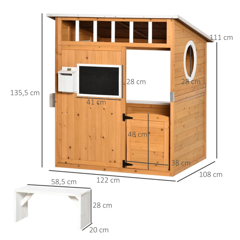 Outsunny Casa Infantil de Madera Casita de Juegos para Niños de +3 Años con Mesita Banco Buzón Pizarra Macetero Ventanas y Puerta para Exterior 122x108x135,5 cm Natural