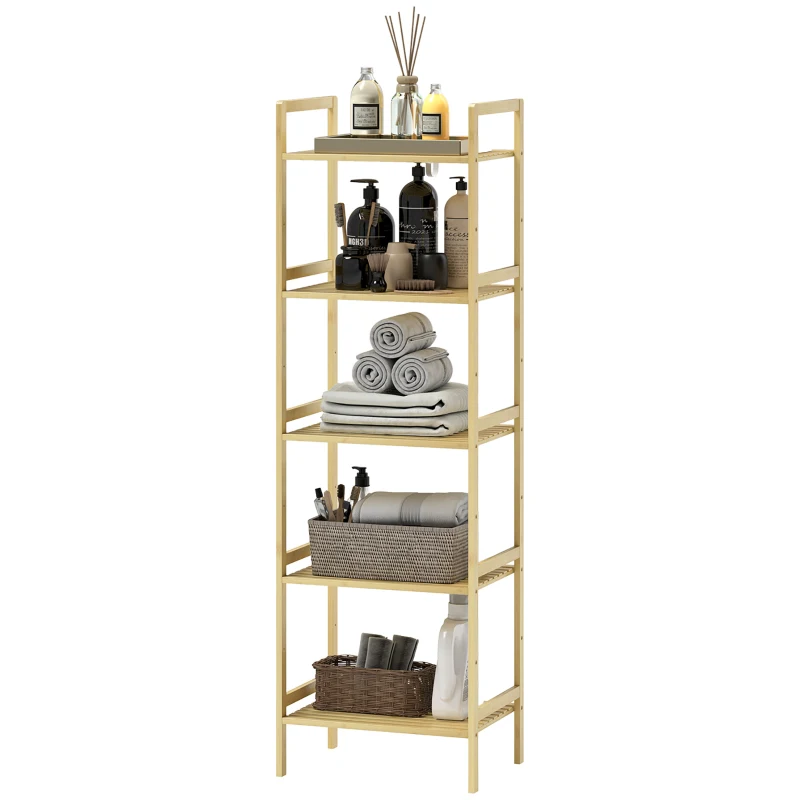 HOMCOM 5-Tier Bamboo Bathroom Storage Shelf, Freestanding Shelving Unit with Adjustable Rack for Kitchen Bathroom Living Room, Natural Wood Finish