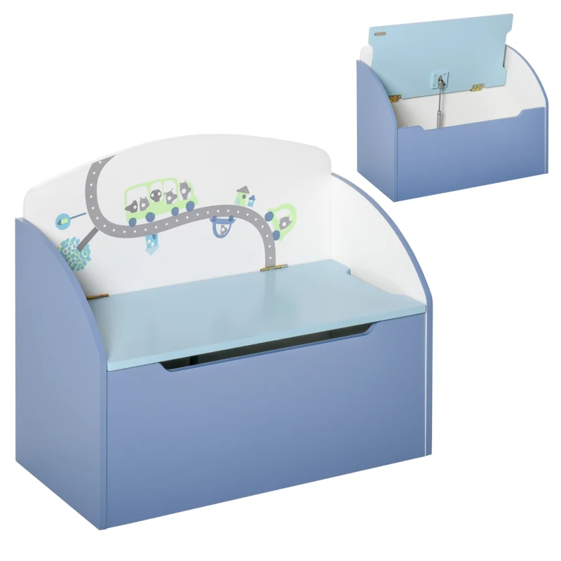 HOMCOM Kids Wooden Toy Box Children Storage Chest Bench Organiser Safety Hinge Bedroom Playroom Furniture Blue