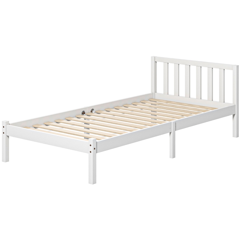 HOMCOM Einzelbettgestell, Kopfteil & Lattenrost, 26cm Freiraum unter Bett, Kiefernholz, 208x96x70 cm, Weiß