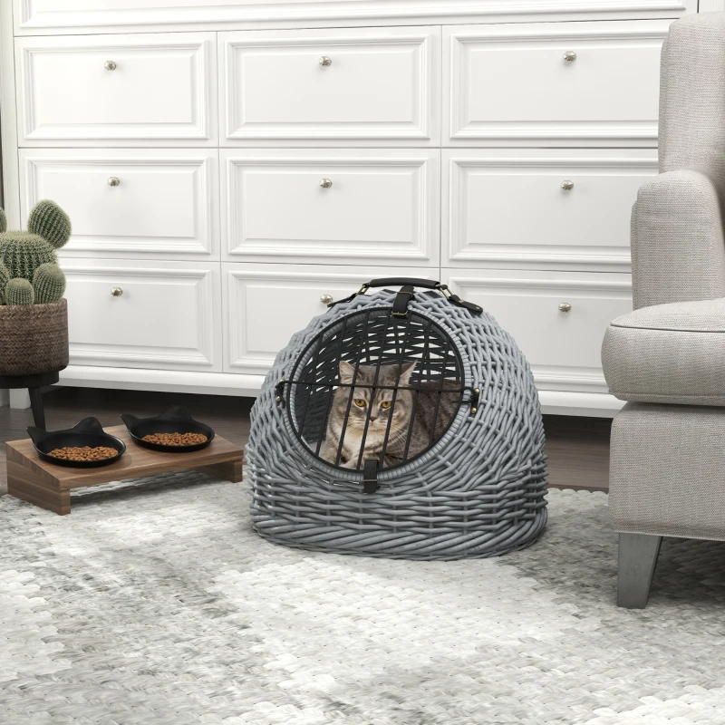 PawHut Wicker Pet Carrier Basket Cat Kitten Bed Portable Travel Cage w/ Soft Cushion Handle Grey 50 x 40 x 40 cm