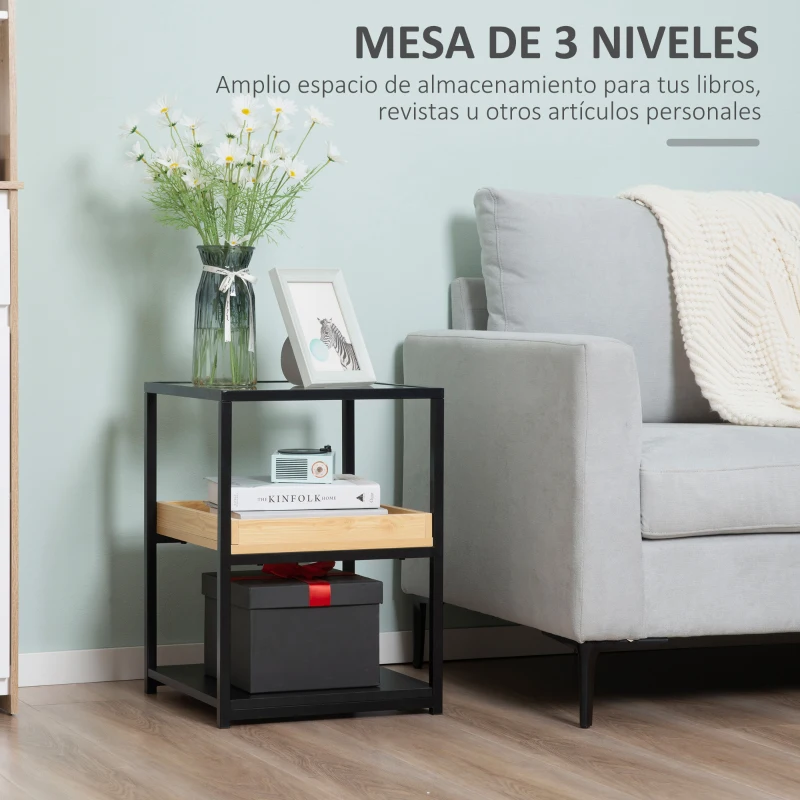 HOMCOM Mesa Auxiliar de 3 Niveles Mesita de Noche Estilo Moderno con Encimera de Cristal Estantes de Madera y de Acero para Dormitorio Salón 40x40x55 cm Negro