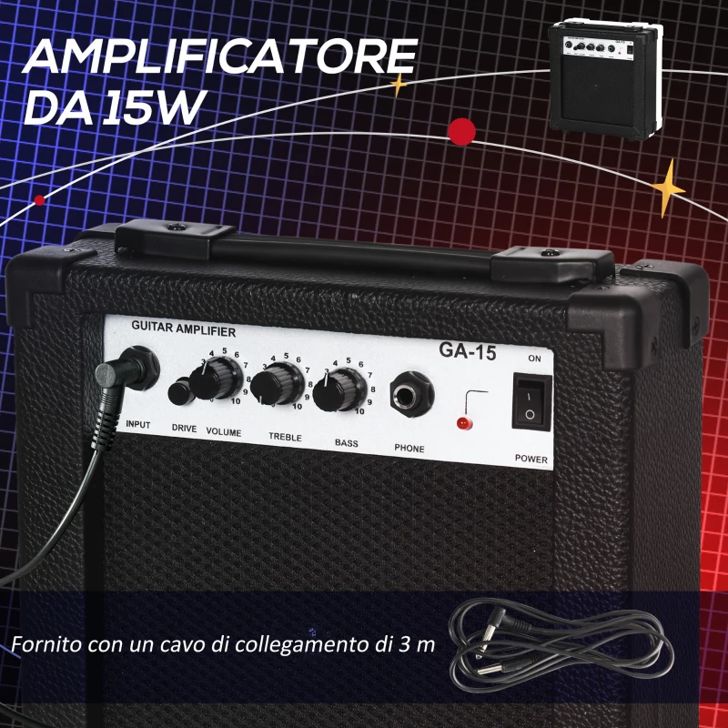SPORTNOW Chitarra Elettrica con Amplificatore 15W, Borsa, Tracolla e Accordatore Digitale, Nero