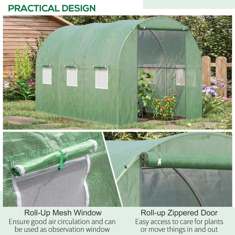 Outsunny Walk-in Polytunnel Greenhouse, Outdoor Garden Tunnel Greenhouse Tent with Zipped Roll-Up Door and 6 Mesh Windows, 3 x 2M