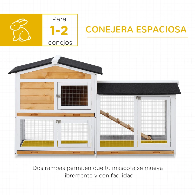 PawHut Conejera de Madera Exterior Jaula para Conejos de 2 Niveles con Techo Asfáltico 2 Corrales de Metal Bandeja Extraíble 2 Puertas y Rampa 157,4x53x93,5 cm Natural