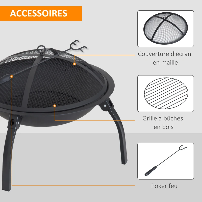 Outsunny brasero cheminée foyer extérieur 71L x 71l x 40H cm pieds rétractables grille à charbon couvercle tisonnier métal noir