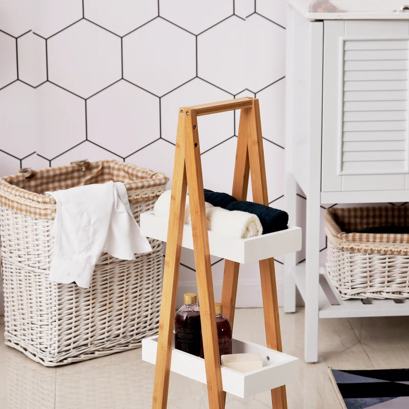 HOMCOM Etagère en Bambou et Bois de Salle de Bain Étagère Debout 3 paniers dim. 30L x 18l x 81H cm Blanc