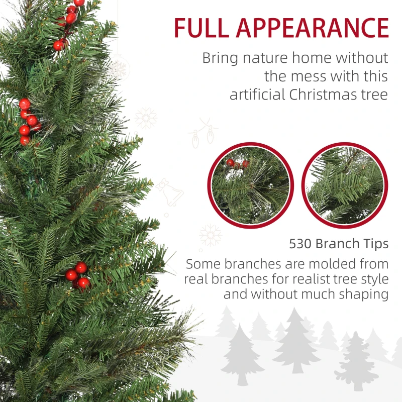 HOMCOM 6ft Pencil Artificial Christmas Tree with Realistic Branches, Red Berries, Auto Open, Green