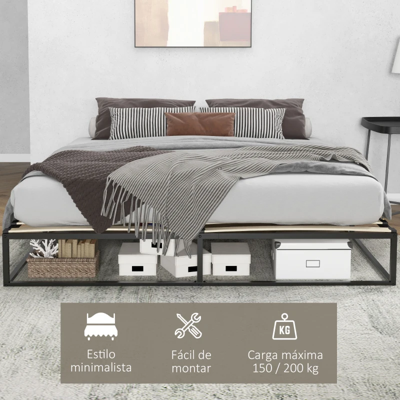 HOMCOM Marco de Cama de 180 cm Estructura de Cama de Acero con Somier de Listones de Madera Contrachapada 180x200x25 cm Negro
