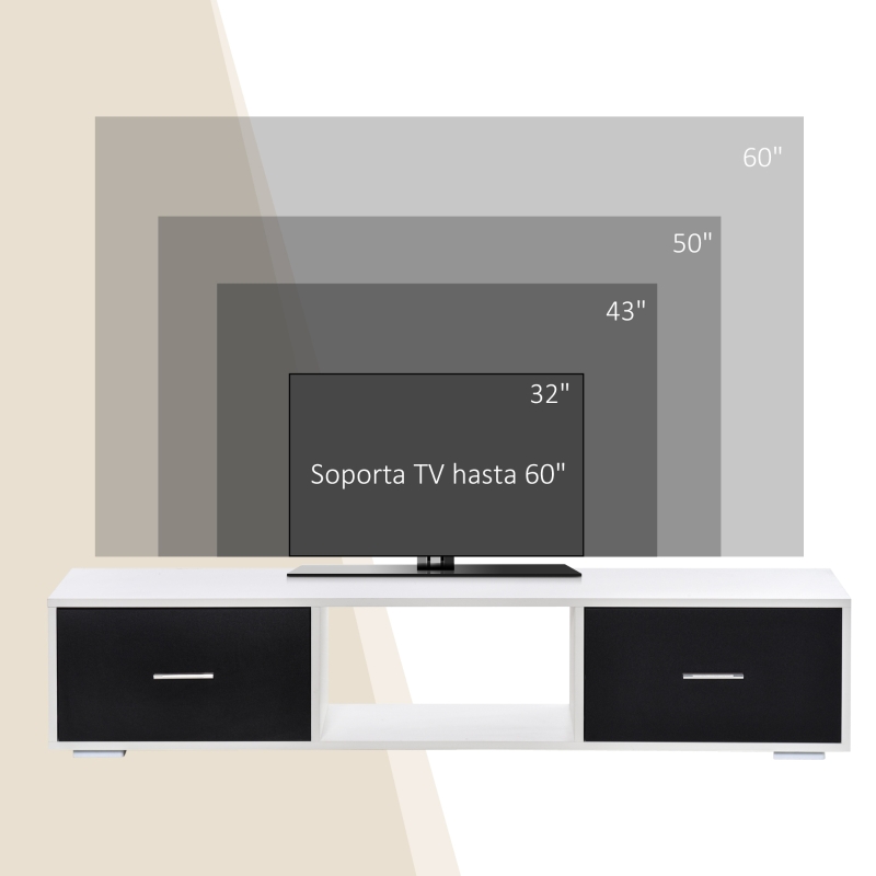 HOMCOM Mueble de TV para Televisores de hasta 60" Mesa para TV de Salón Estilo Moderno con 2 Cajones y Compartimento Abierto 140x30x32 cm Blanco y Negro