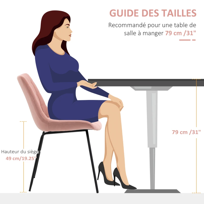 HOMCOM Lot de 4 chaises de salle à manger en tissu aspect velours capitonné et piètement métal noir 50 x 61 x 79 cm rose