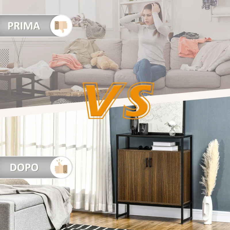 HOMCOM Armadietto Due Ante in MDF con Piano d'Appoggio in Vetro Temperato, 82x30x98 cm, Marrone e Nero