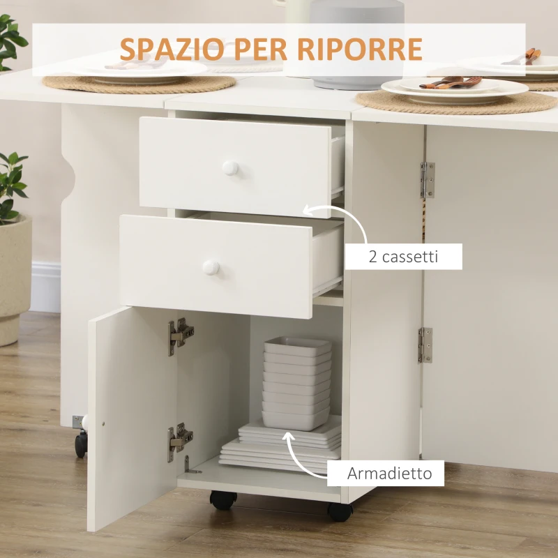 HOMCOM Tavolo da Cucina a Ribalta con 2 Cassetti e Armadietto ad Ante, in Truciolato, 120x80x75 cm, Bianco