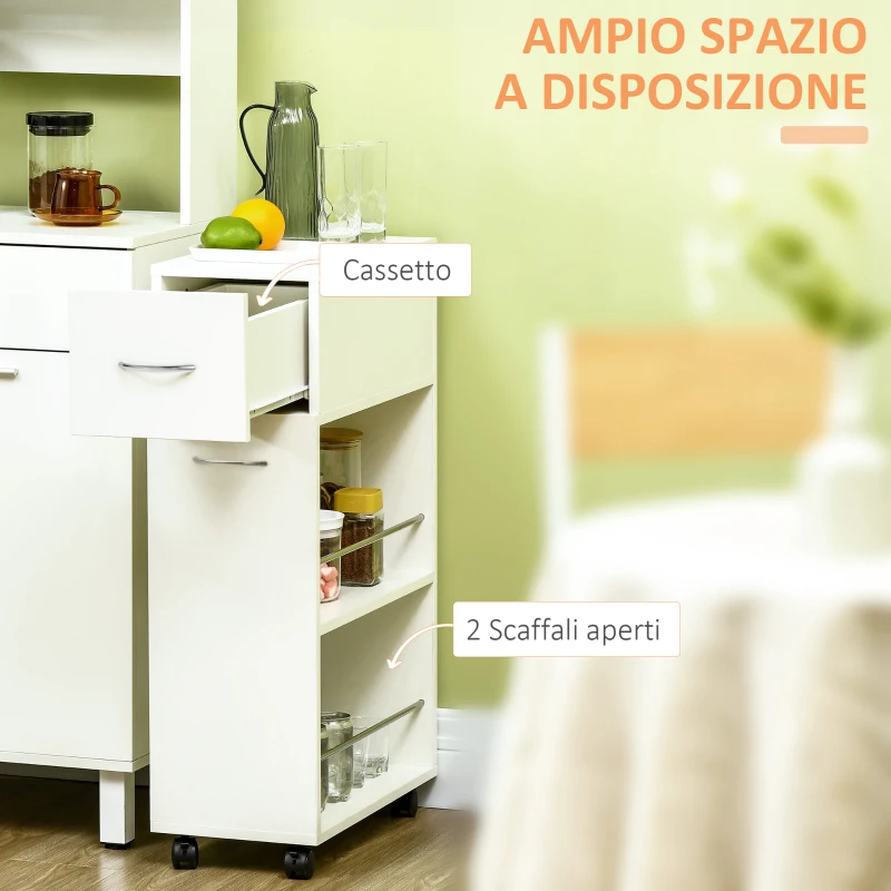 HOMCOM Carrello da Cucina in Truciolato e Acciaio Inox con 2 Ripiani Aperti, Cassetto Estraibile e Parapetti, 25x50x85 cm