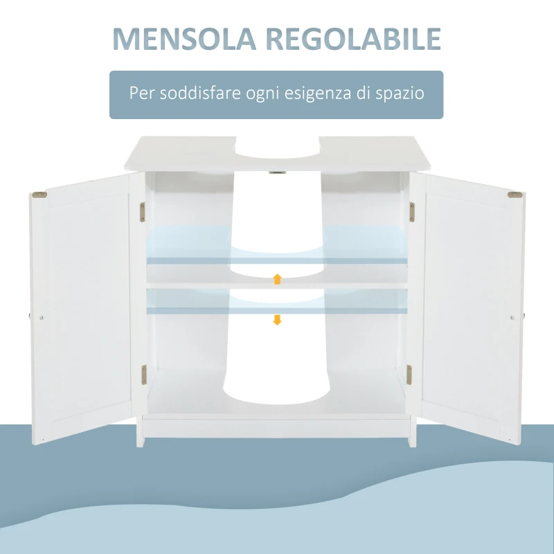 HOMCOM Mobile Sottolavabo per Bagno con Ripiano Regolabile, Mobiletto Sottolavabo con Intaglio a U e 2 Ante, Mobile Bagno Salvaspazio, Adatto a Lavabi con o Senza Colonna, 60x30x60 cm, Bianco
