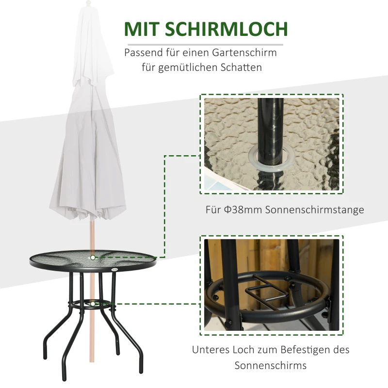 Outsunny Gartentisch Garten Beistelltisch Gartenmöbel Balkontisch Bistrotisch mit Schirmloch Hartglas + Metall Schwarz Ø80 x 72 cm