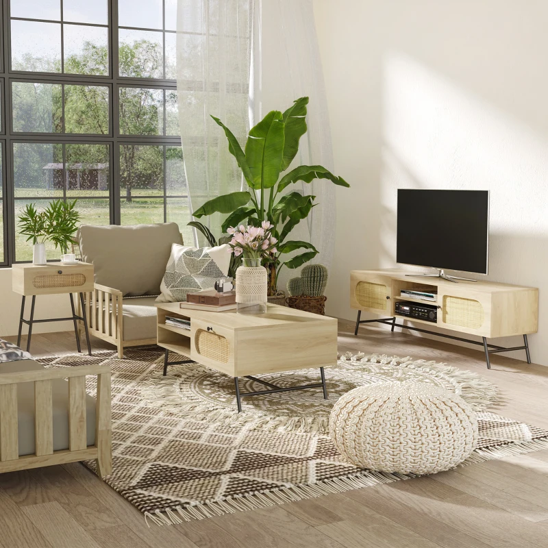 HOMCOM TV-Bank, für TVs bis 60'', zwei Schrankfächer, zwei Regalfächer, Rattan-Dekor, 150 x 39 x 48,3 cm