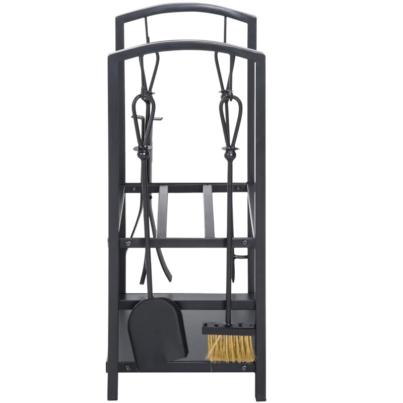 Outsunny Estante de Leña para chimenea 40x30x74,5 cm Soporte para Leña de 2 Niveles Leñero Exterior e Interior Metálico con 4 Herramientas para Chimenea Carga Máx.100 kg Negro