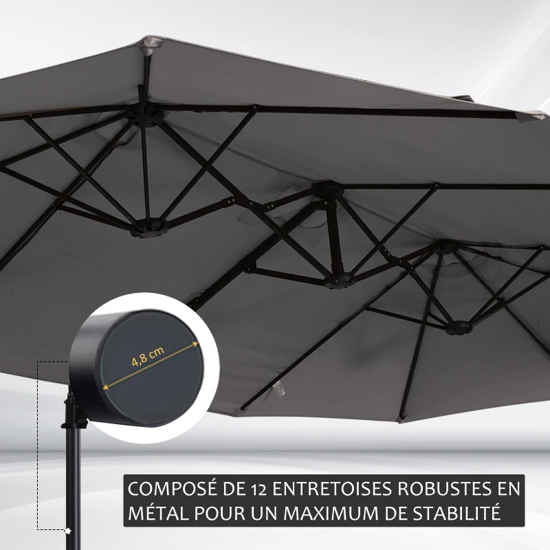 Outsunny Parasol déporté grande taille XXL inclinable avec pied en croix dim. 4,45L x 2,7l x 2,6H m piètement en métal inclus polyester gris