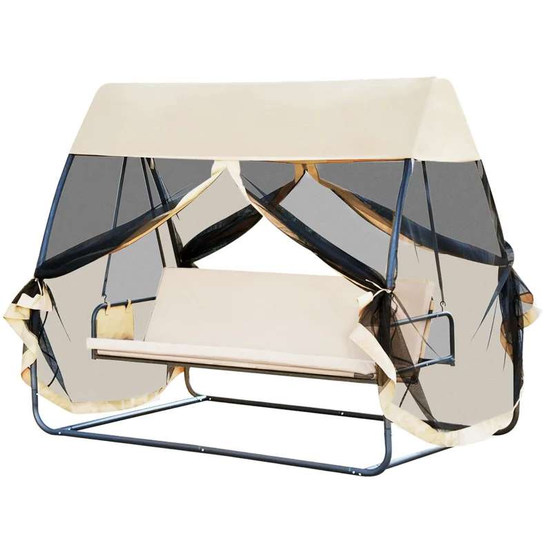 Outsunny Balancelle de Jardin Convertible 3 Places Grand Confort : Matelas Assise Dossier, moustiquaire intégrale zippée avec Toit, Pochette Rangement métal époxy Polyester Beige
