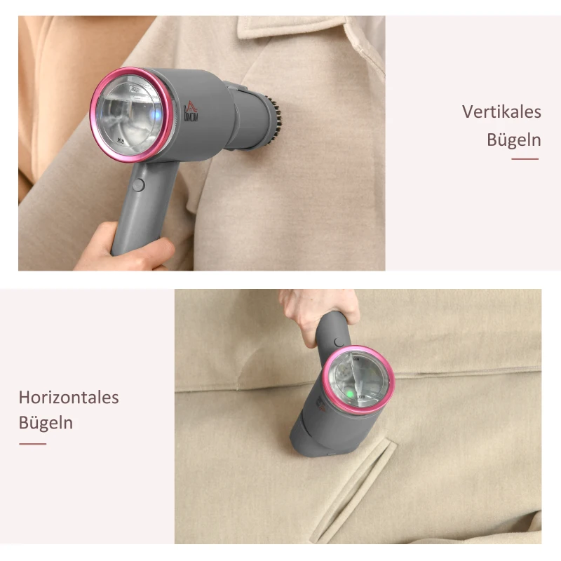 HOMCOM Dampfglätter Dampfbürste Steamer Reisebügeleisen faltbar Kleidung Hemden Dampfbügeleisen mit 160 ml Wassertank 1520 W schnelles Aufheizen Aluminium Kunststoff Grau+Rosa 27,5 x 18,2 x 9 cm