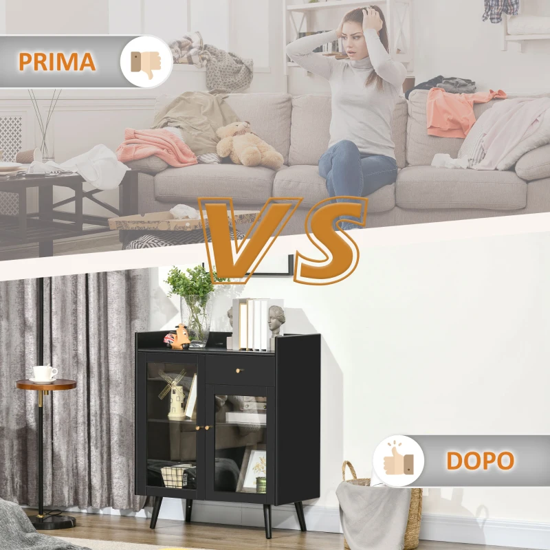 HOMCOM Armadietto Due Ante con Ripiano Regolabile e Spazi Aperti in MDF e Legno, 80x40x94.3 cm, Nero
