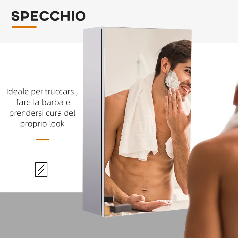 HOMCOM Specchiera Bagno in Acciaio con Anta e Vano Contenitore a 2 Ripiani, 55x14x30cm