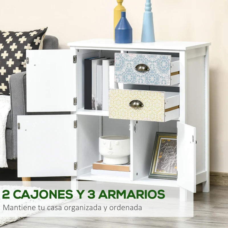 HOMCOM Cómoda para Dormitorio Bohemio con 2 Cajones 3 Compartimentos Diseño Anti-vuelco 68x34x80 cm Blanco