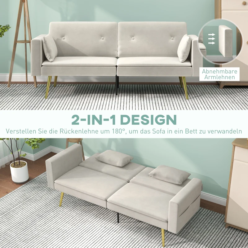 HOMCOM 2-Sitzer Bettsofa, Verstellbare Rückenlehne, weiche Kissen, samtartiger Bezug, für Wohnzimmer, Gästezimmer, Beige(m-4)