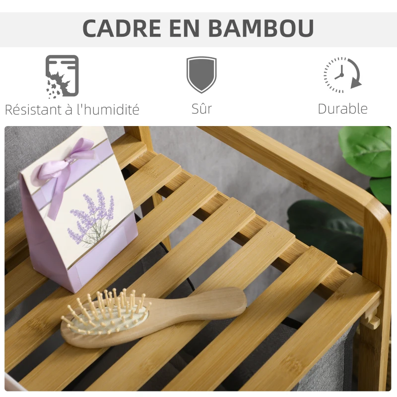 HOMCOM Panier à linge en bambou 2 paniers amovibles et coulissants en non-tissé 63,5 x 33 x 73 cm gris foncé