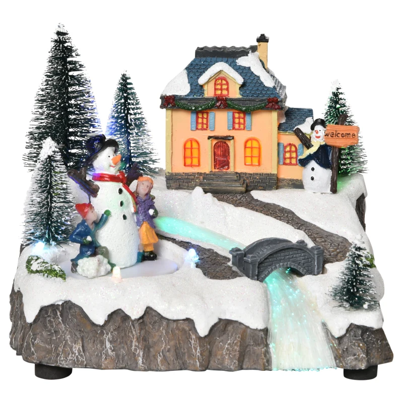 HOMCOM Animated Christmas Village Scene Musical Holiday Decoration with LED Light, Music, Fiber Optic, Rotating Skating Pond, Battery-Operated