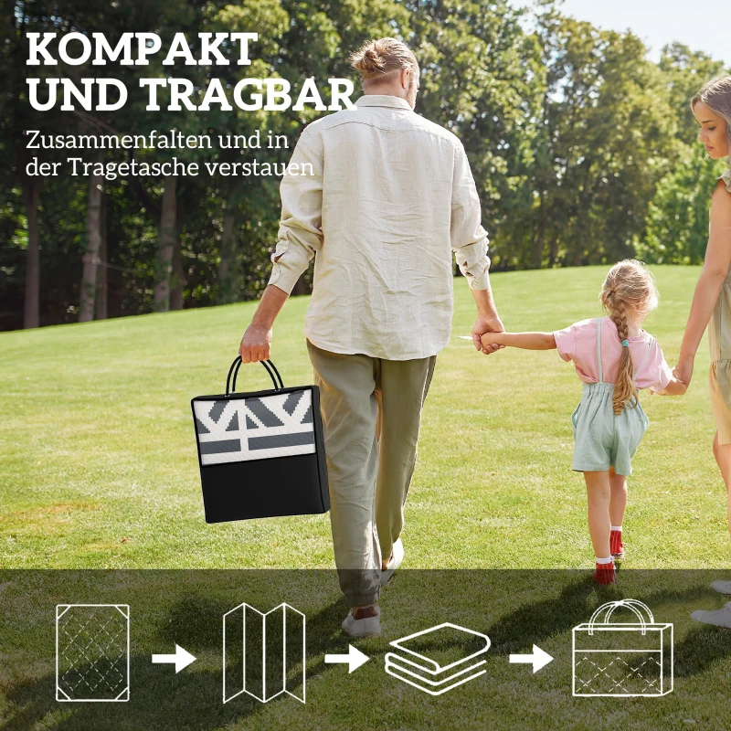 Outsunny Weerbestendig Buitentapijt stevig met draagtas, opvouwbaar Boho-stijl 182 x 274 cm Zwart+Wit