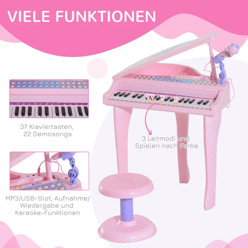 HOMCOM Keyboard Kinder mit 37 Tasten, Hocker Klavier mit Mikrofon, LED-Lehrmodus, Aufnahme, Piano Musikinstrument für 3-6 Jahre Kinder Rosa
