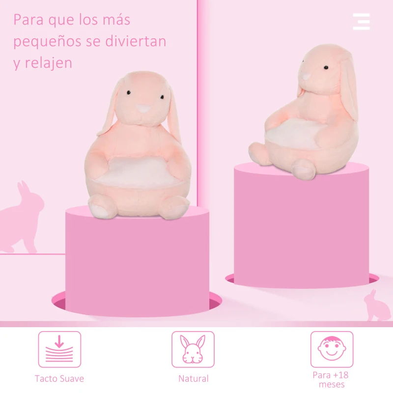 HOMCOM Puff Infantil Diseño de Conejo Sillón para Niños 18-36 Meses con Cojín Antideslizante para Dormitorio Sala de Juegos 60x50x59cm Rosa
