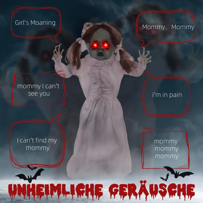 HOMCOM Horrorpuppe, Helloweendeko, aktiviert mit Geräusche/Berührung, rote Augen, Sound, 76 cm(m-4)