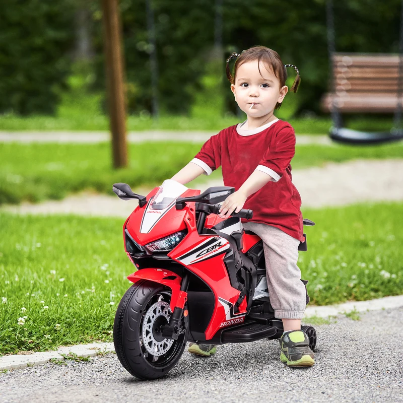 HOMCOM Moto Eléctrica con Licencia HONDA para 3-5 Años con Faros Bocina Música y Ruedas Auxiliares 90x44x52 cm Rojo
