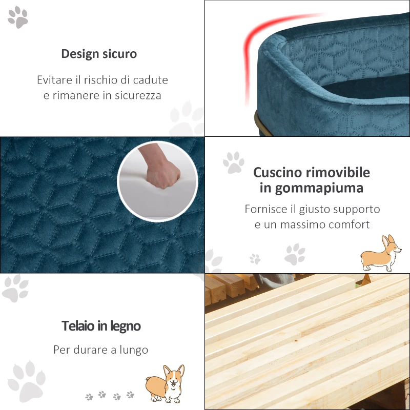 PawHut Divano per Cani e Gatti Imbottito in Velluto con Base in Metallo, 63.5x43x24.5cm