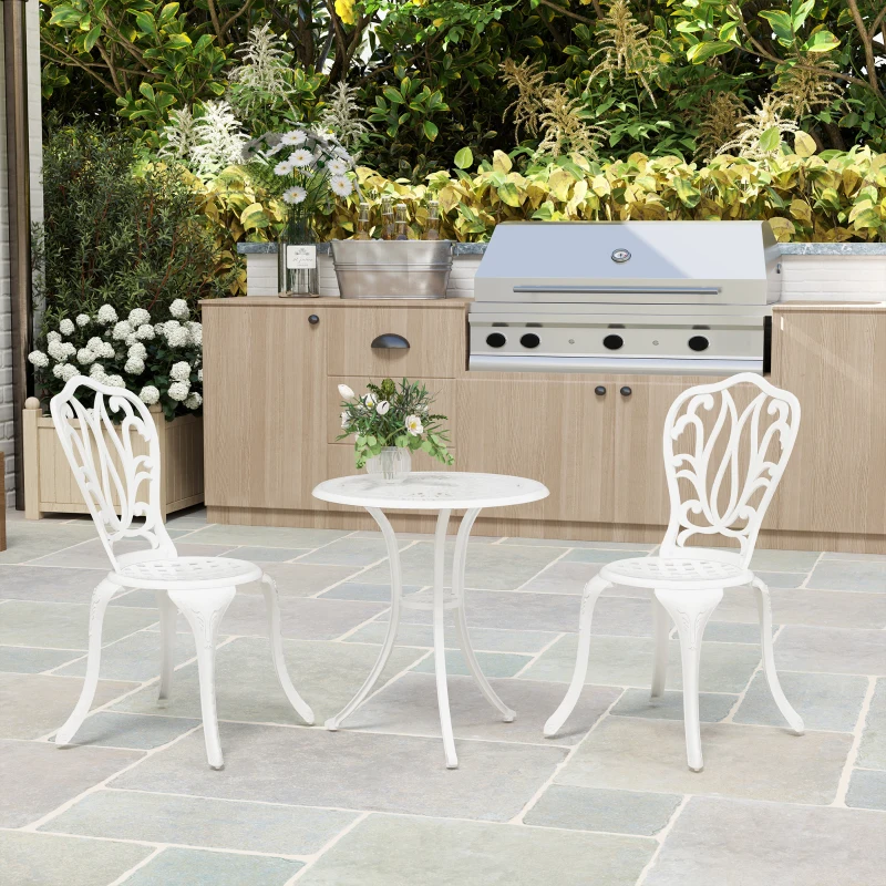 Outsunny 3 Piece Garden Bistro Set, Cast Aluminium Outdoor Furniture Set with Umbrella Hole for Balcony, Porch, Patio, White