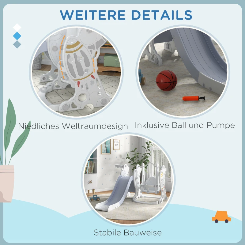 AIYAPLAY 3-in-1-Set Kinderrutsche mit Schaukel, Basketballkorb, Raketen-Design, weiß+grau, 150L x 185B x 92H cm