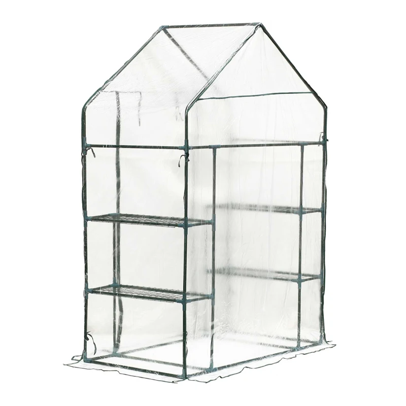 Outsunny Serre de Jardin 143L x 73l x 195H cm 4 tablettes Acier PE Haute densité 140 g/m² Anti-UV avec Porte déroulante Transparent Vert
