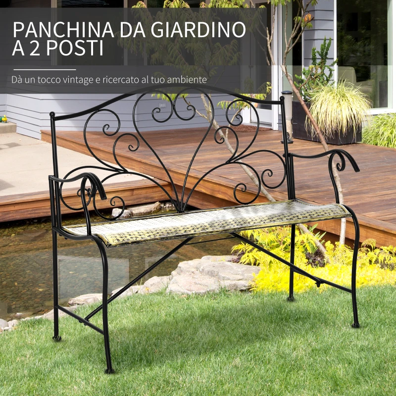 Outsunny Panchina da Giardino in Ferro, Panca da Esterno in Stile Vintage 2 Posti, 100x 50x88cm, Nero
