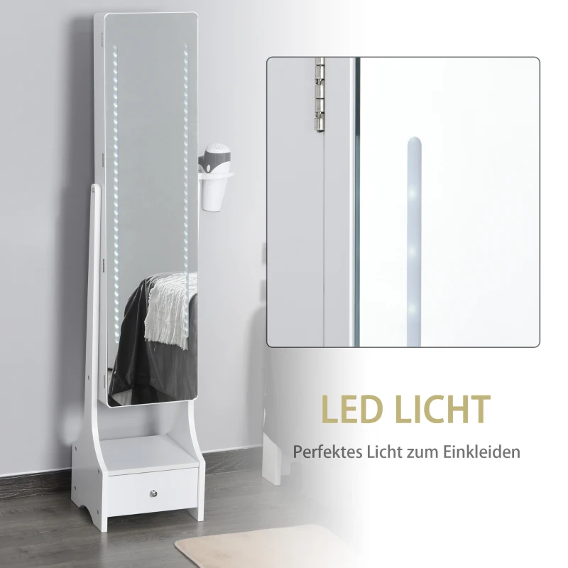 HOMCOM LED Schmuckschrank 2 in 1 Schmuckregal Spiegelschrank mit Schublade MDF Weiß 37 x 30 x 158 cm