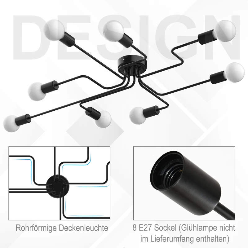 HOMCOM Deckenleuchte in Rohrform im Klassische Stil mit 8 Lampenfassungen, Vintage-Metallleuchter Metall 105L x 74B x 11H cm