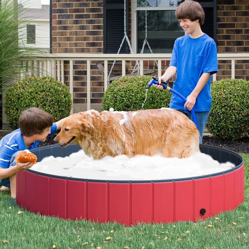 PawHut Piscina Plegable para Perros Gatos Ø160x30 cm Bañera Portátil para Mascotas PVC Antideslizante Múltiples Usos para Interiores y Exteriores Rojo