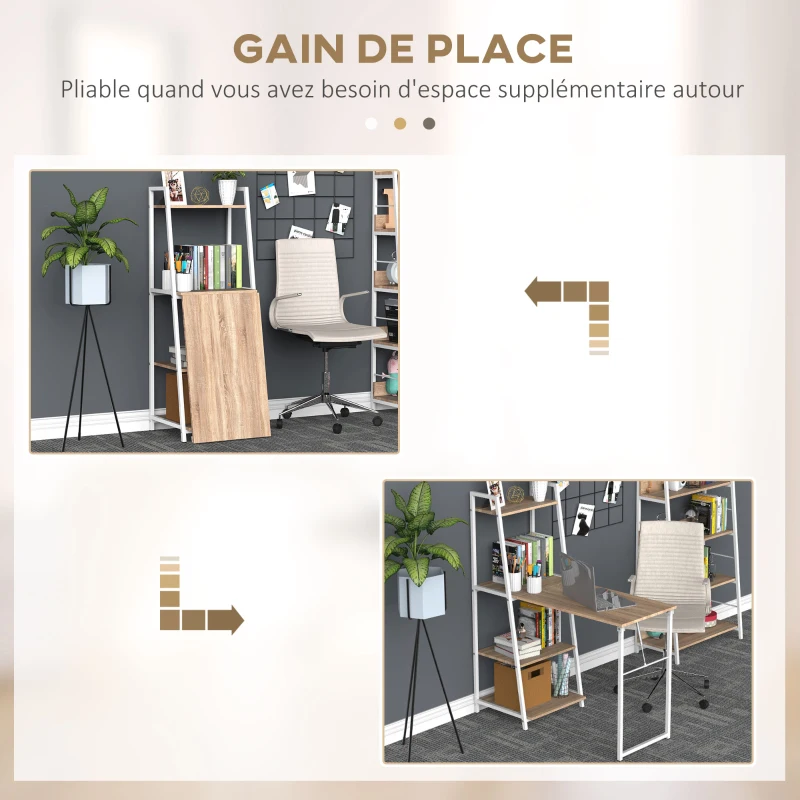 HOMCOM Bureau Pliable Rabattable - Bureau bibliothèque 2 en 1-4 étagères - Imitation Bois chêne Clair métal Blanc