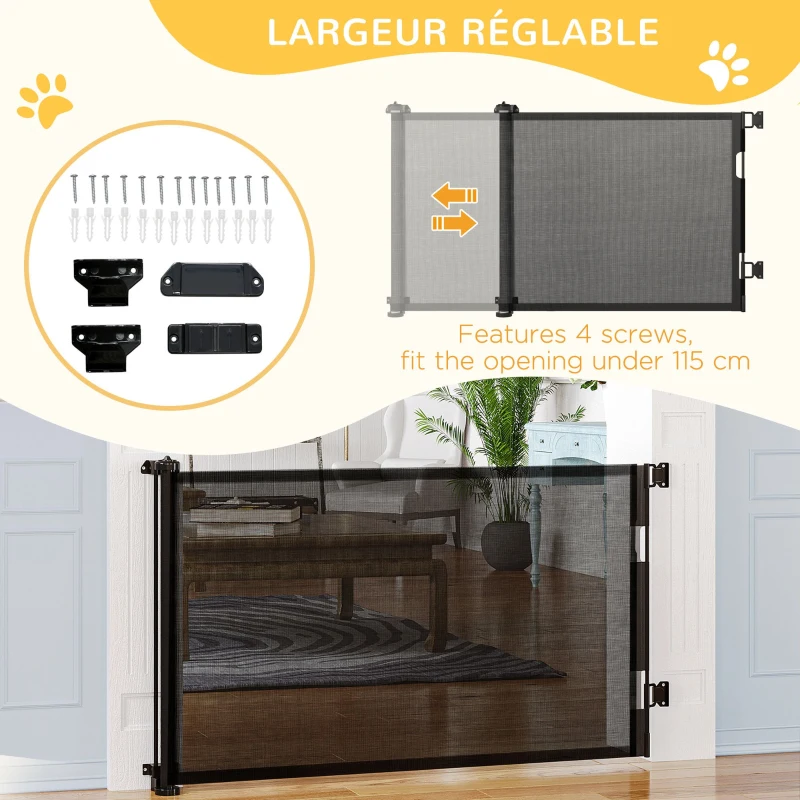 PawHut Barrière escalier chien rétractable opération à une main cadre en alliage d'aluminium tissu mesh 150 x  85 cm noir