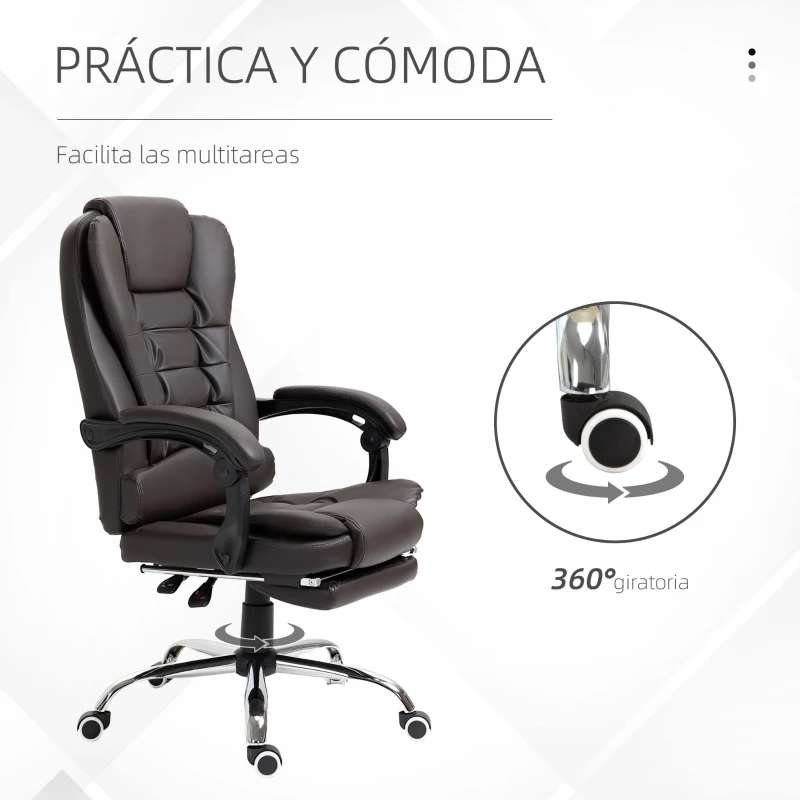 HOMCOM Silla de Escritorio con Reposapiés Silla Ejecutiva Giratoria con Altura Ajustable Tapizada en PU y Reposabrazos Café