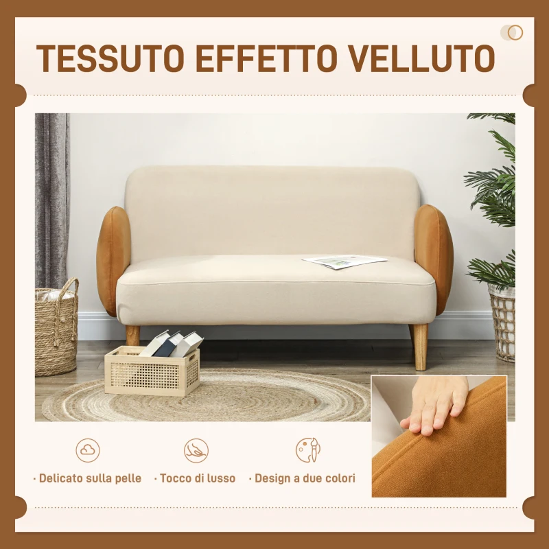 HOMCOM Divano 2 Posti Stile Nordico in Tessuto Effetto Velluto e Legno, 138x73x74 cm, Crema e Arancione